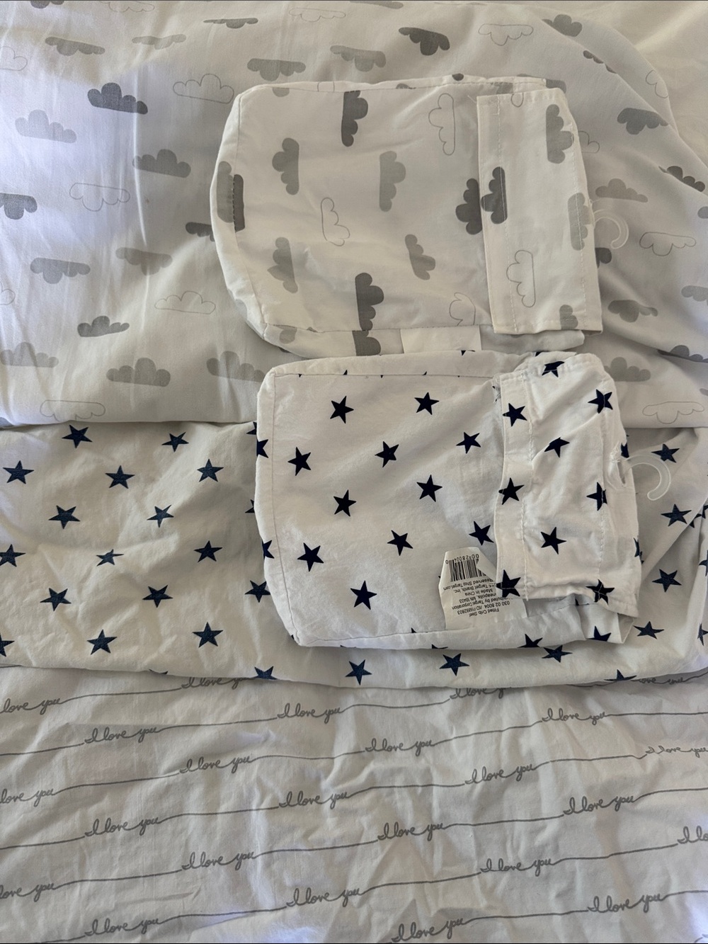 3 pottery barn fitted crib sheets with Gray Clouds. And I love you printNavy Sta